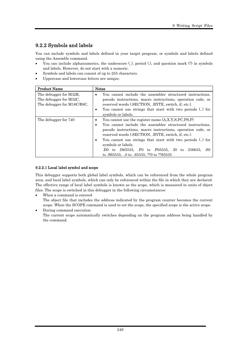 2 symbols and labels, 1 local label symbol and scope | Renesas Emulator Debugger M16C PC4701 User Manual | Page 263 / 296