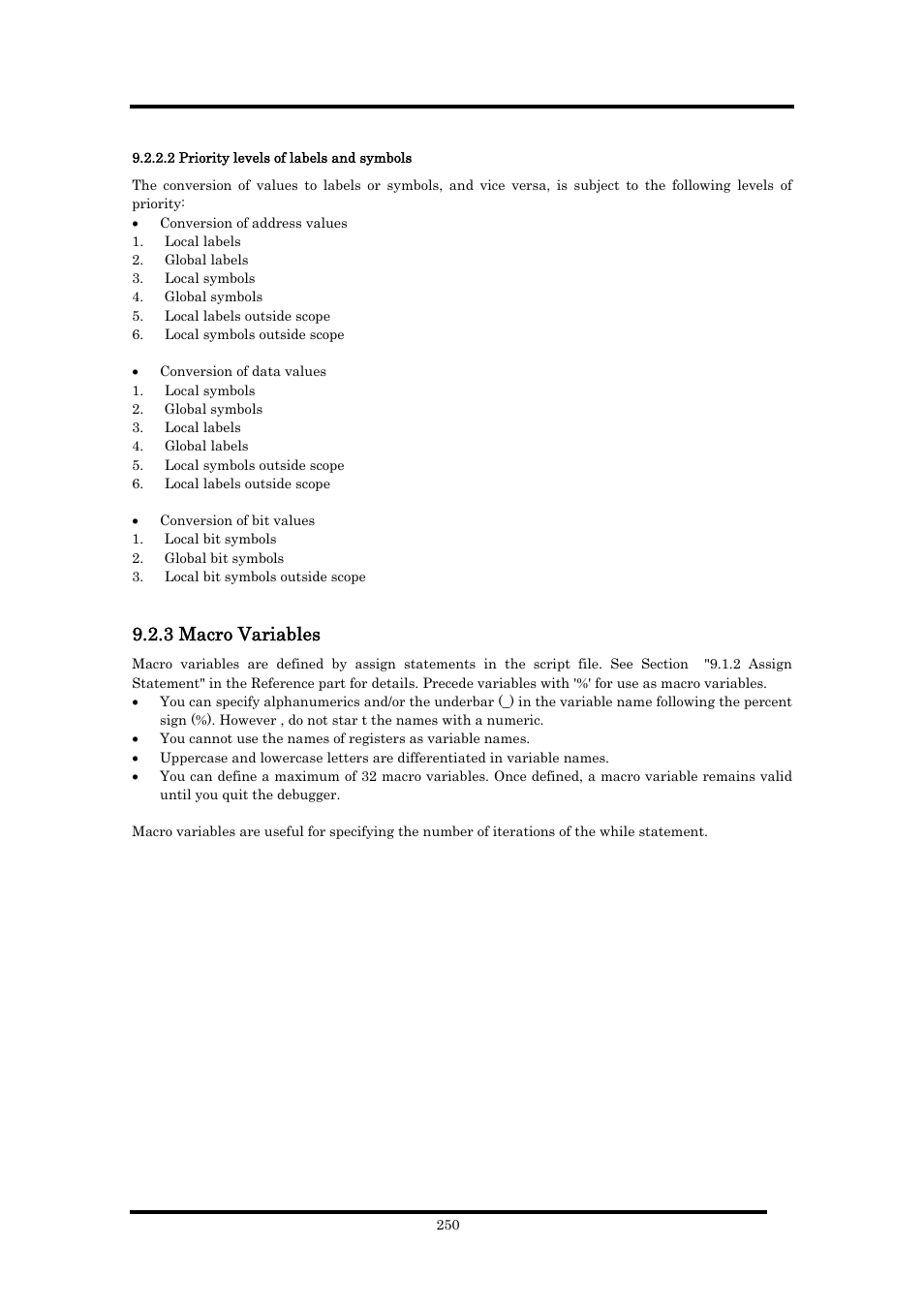 2 priority levels of labels and symbols, 3 macro variables | Renesas Emulator Debugger M16C PC4701 User Manual | Page 264 / 296