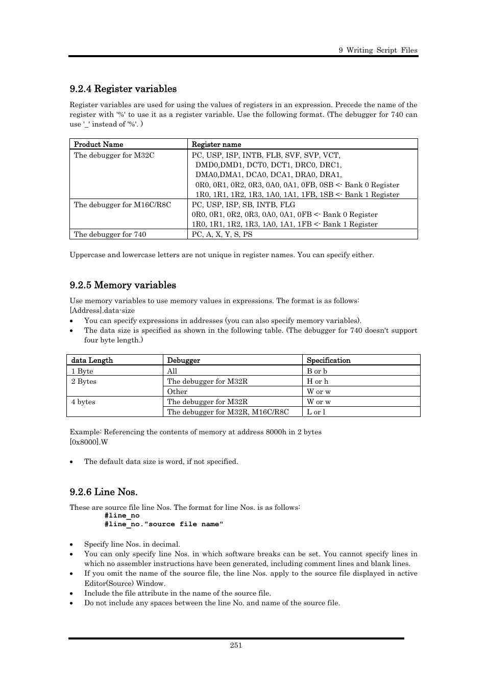 4 register variables, 5 memory variables, 6 line nos | Renesas Emulator Debugger M16C PC4701 User Manual | Page 265 / 296