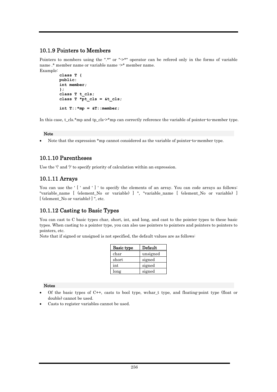 9 pointers to members, 10 parentheses, 11 arrays | 12 casting to basic types | Renesas Emulator Debugger M16C PC4701 User Manual | Page 270 / 296