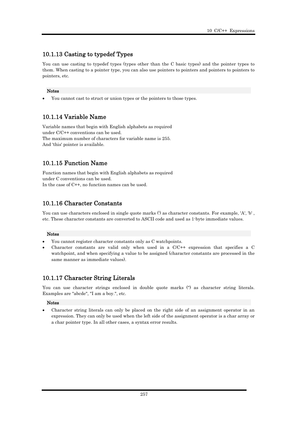 13 casting to typedef types, 14 variable name, 15 function name | 16 character constants, 17 character string literals | Renesas Emulator Debugger M16C PC4701 User Manual | Page 271 / 296