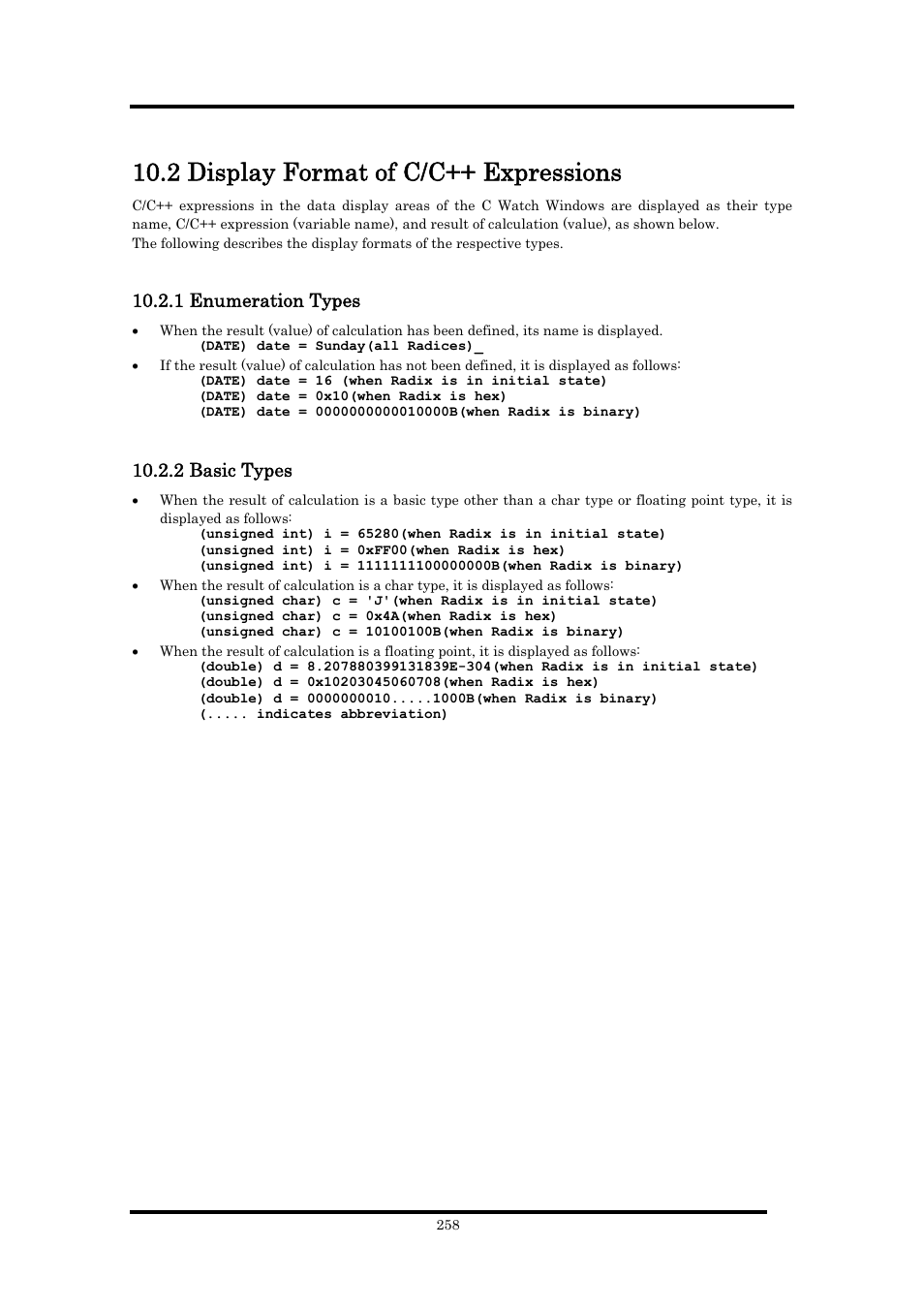 2 display format of c/c++ expressions, 1 enumeration types, 2 basic types | Renesas Emulator Debugger M16C PC4701 User Manual | Page 272 / 296