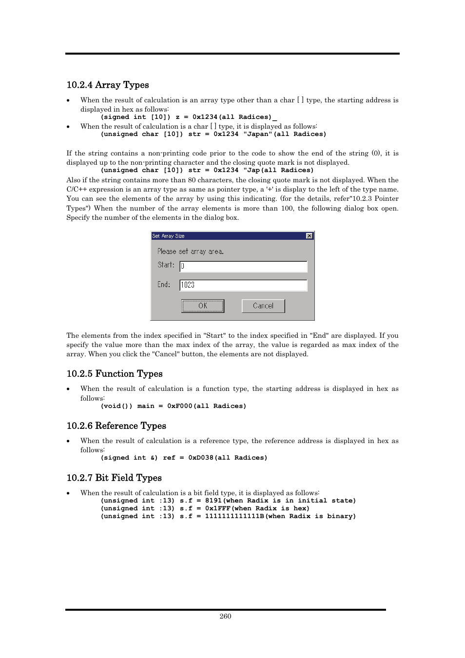 4 array types, 5 function types, 6 reference types | 7 bit field types | Renesas Emulator Debugger M16C PC4701 User Manual | Page 274 / 296