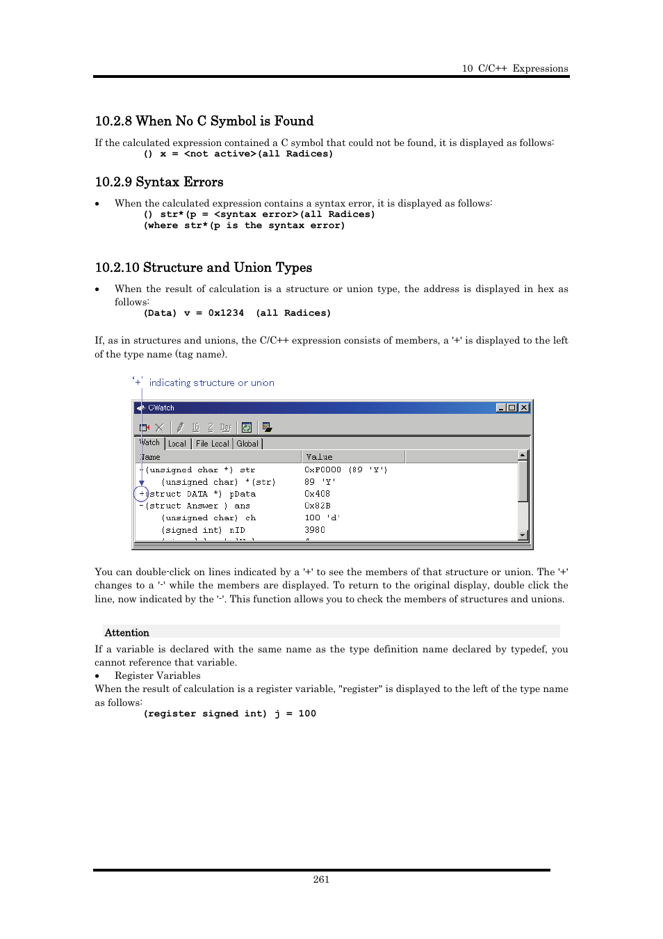 8 when no c symbol is found, 9 syntax errors, 10 structure and union types | Renesas Emulator Debugger M16C PC4701 User Manual | Page 275 / 296