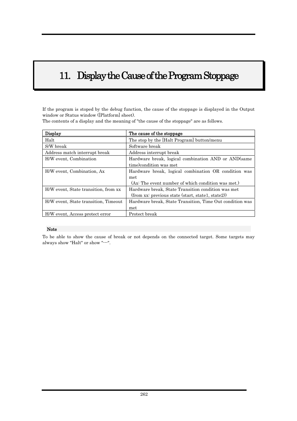 Display the cause of the program stoppage | Renesas Emulator Debugger M16C PC4701 User Manual | Page 276 / 296