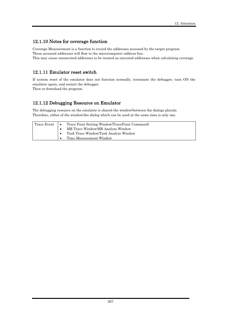 10 notes for coverage function, 11 emulator reset switch, 12 debugging resource on emulator | Renesas Emulator Debugger M16C PC4701 User Manual | Page 281 / 296