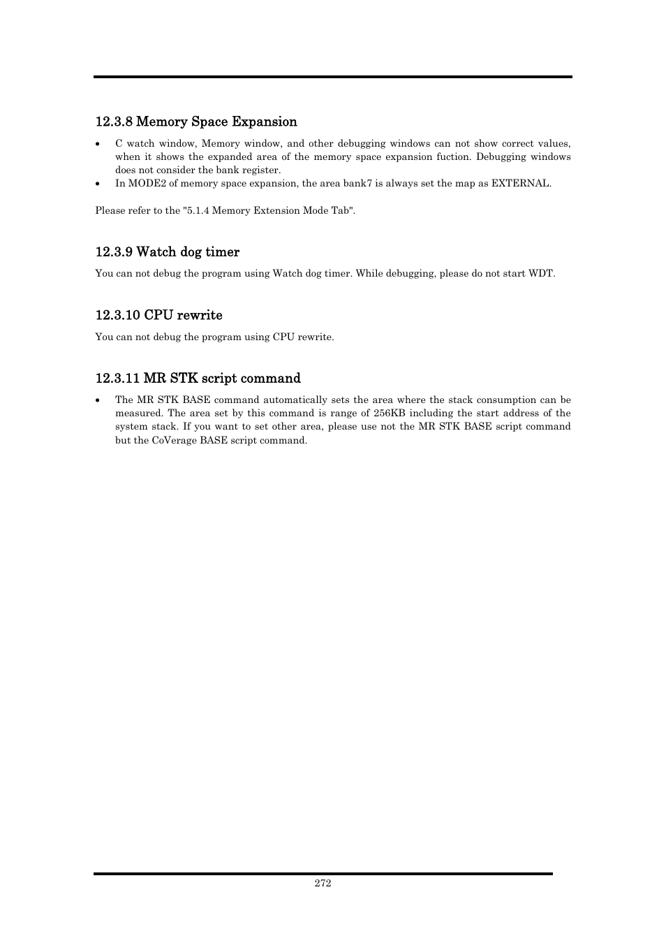 8 memory space expansion, 9 watch dog timer, 10 cpu rewrite | 11 mr stk script command | Renesas Emulator Debugger M16C PC4701 User Manual | Page 286 / 296