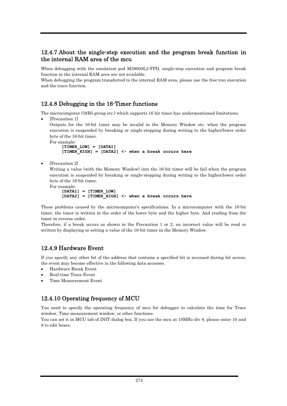 8 debugging in the 16-timer functions, 9 hardware event, 10 operating frequency of mcu | Renesas Emulator Debugger M16C PC4701 User Manual | Page 288 / 296