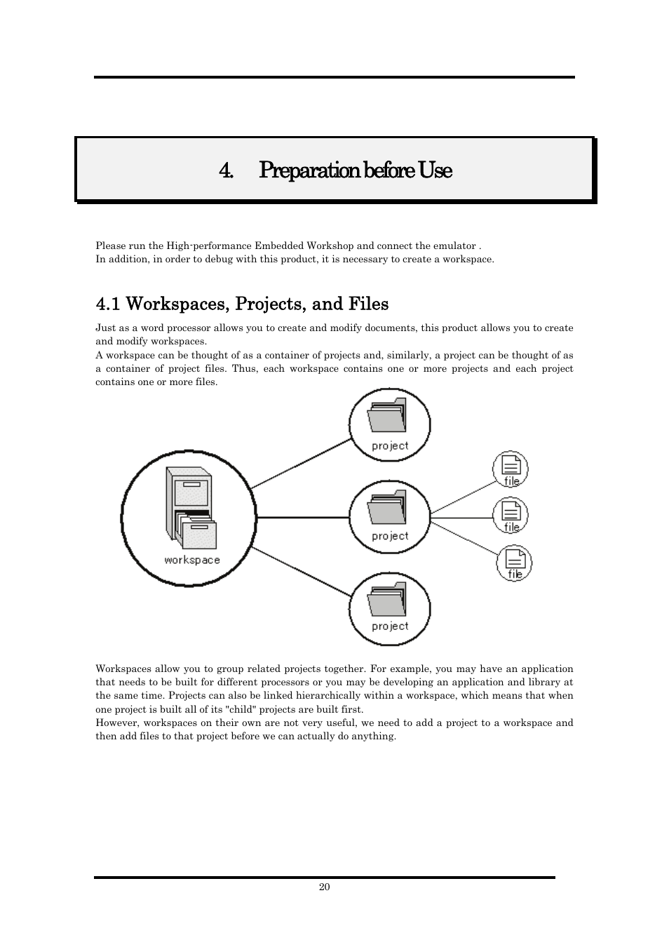 Preparation before use, 1 workspaces, projects, and files | Renesas Emulator Debugger M16C PC4701 User Manual | Page 34 / 296