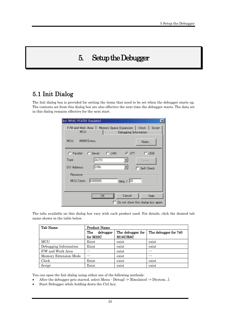 Setup the debugger, 1 init dialog | Renesas Emulator Debugger M16C PC4701 User Manual | Page 47 / 296