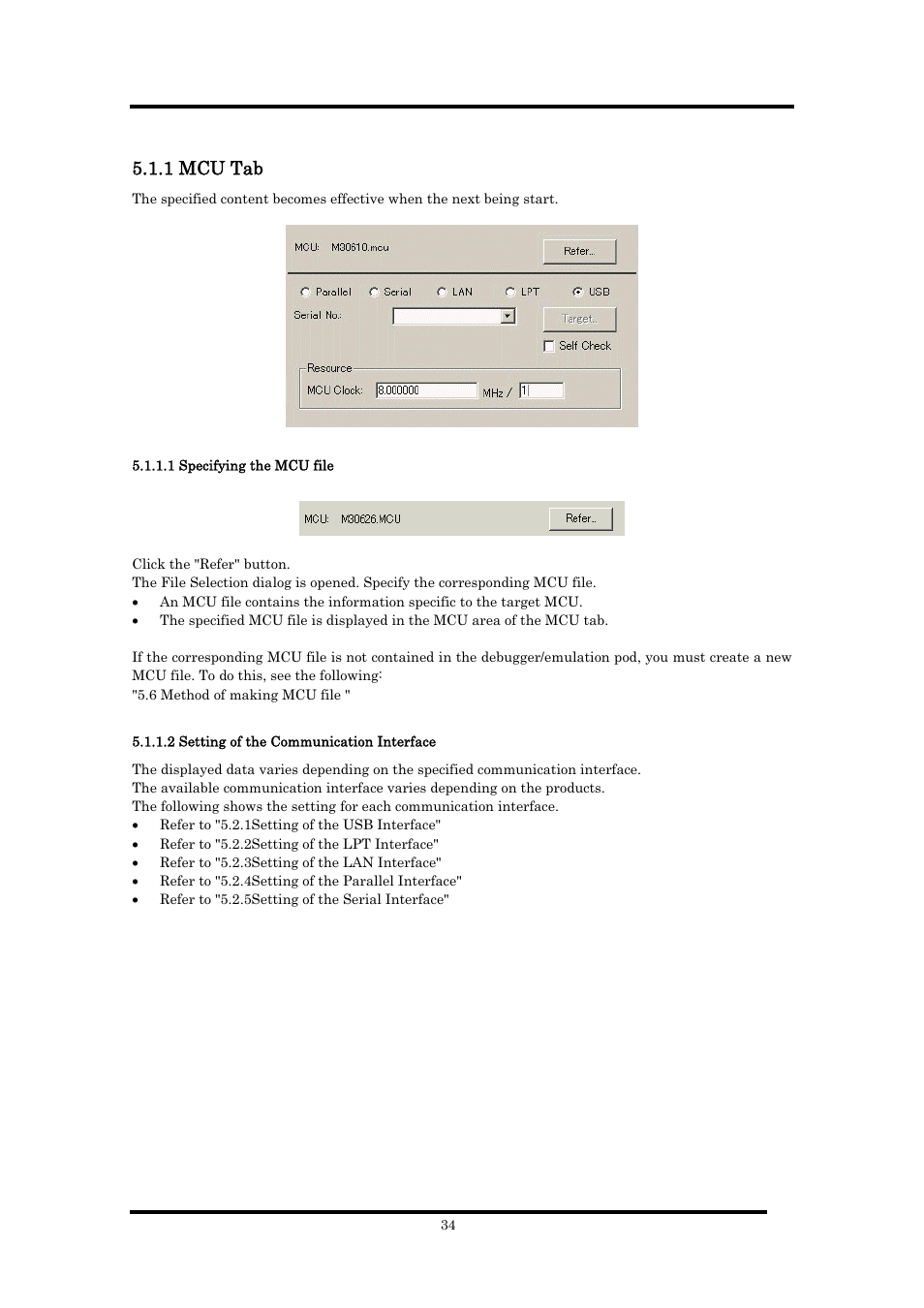 1 mcu tab, 1 specifying the mcu file, 2 setting of the communication interface | Renesas Emulator Debugger M16C PC4701 User Manual | Page 48 / 296
