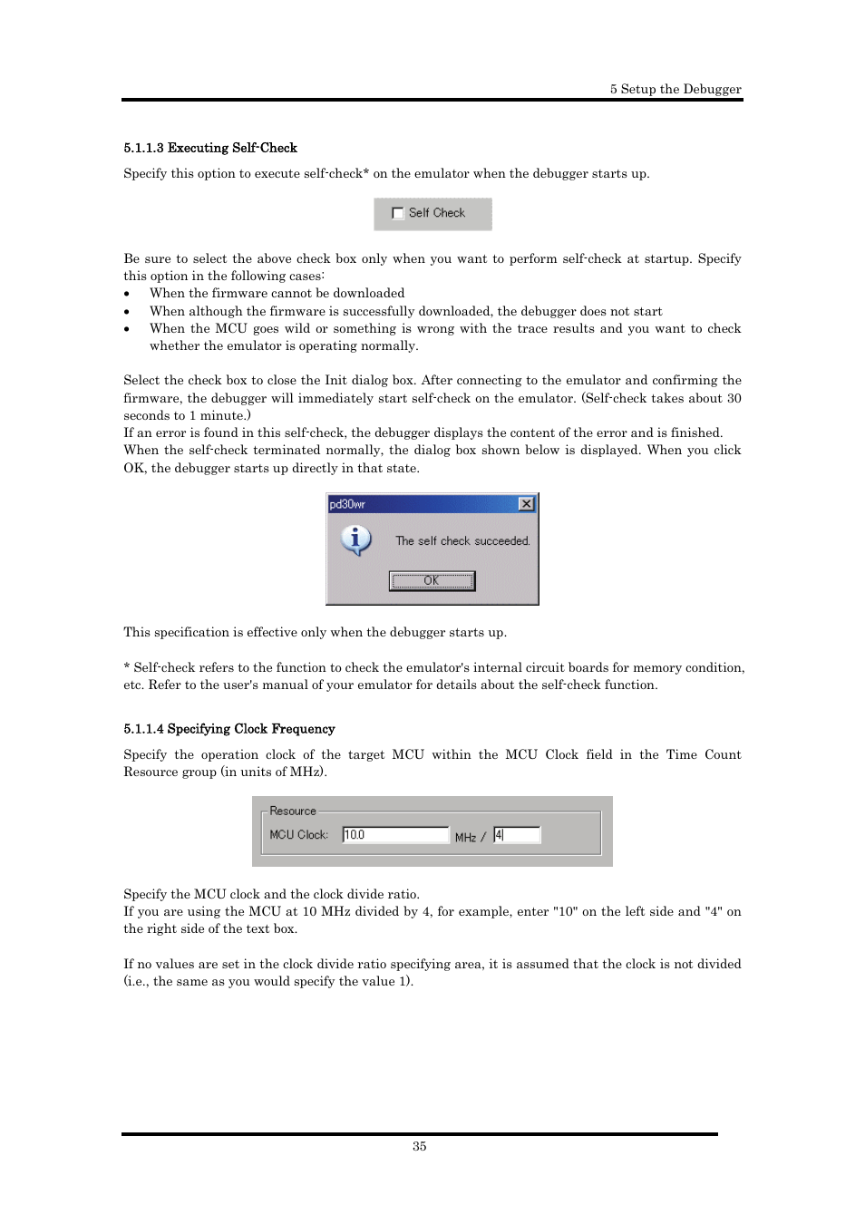 3 executing self-check, 4 specifying clock frequency | Renesas Emulator Debugger M16C PC4701 User Manual | Page 49 / 296