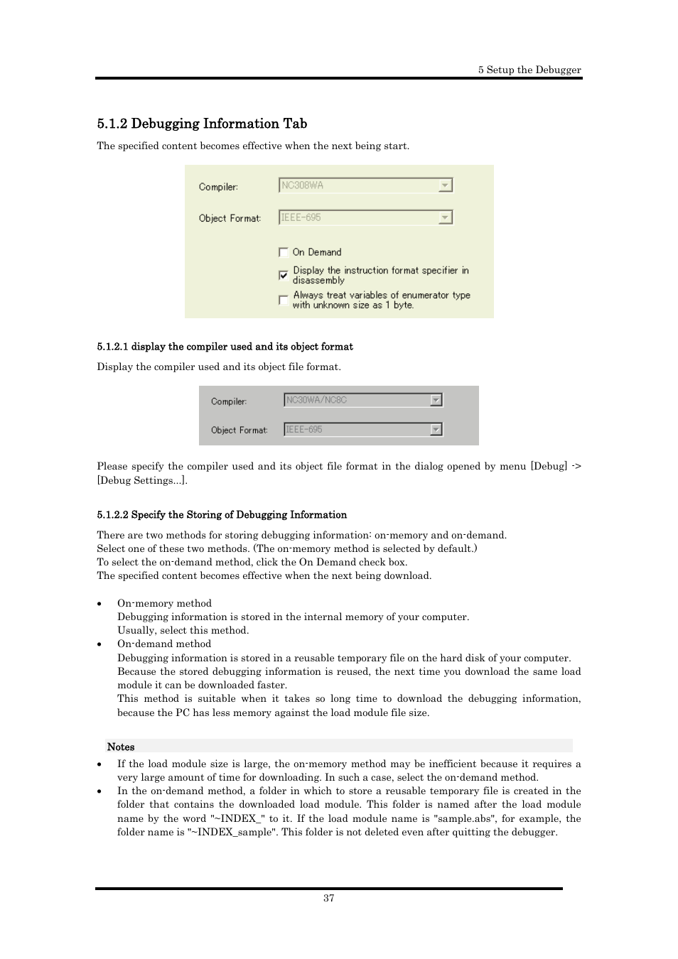 2 debugging information tab, 1 display the compiler used and its object format, 2 specify the storing of debugging information | Renesas Emulator Debugger M16C PC4701 User Manual | Page 51 / 296