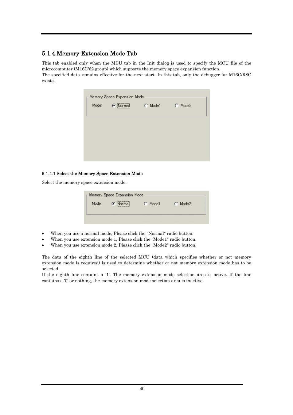 4 memory extension mode tab, 1 select the memory space extension mode | Renesas Emulator Debugger M16C PC4701 User Manual | Page 54 / 296