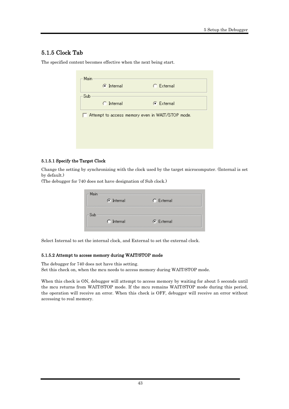 5 clock tab, 1 specify the target clock, 2 attempt to access memory during wait/stop mode | Renesas Emulator Debugger M16C PC4701 User Manual | Page 57 / 296