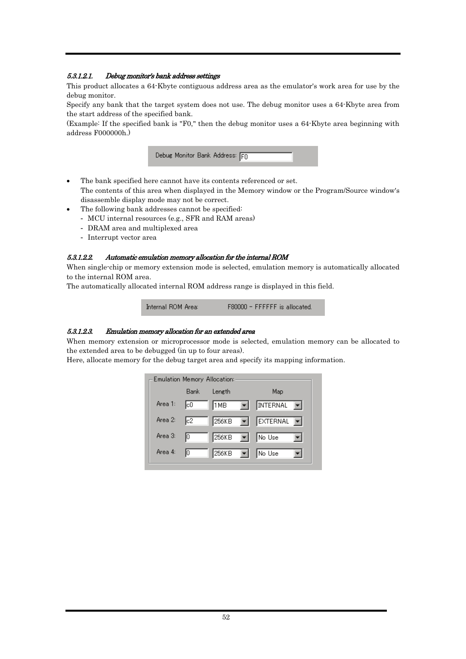 Debug monitor's bank address settings, Emulation memory allocation for an extended area | Renesas Emulator Debugger M16C PC4701 User Manual | Page 66 / 296