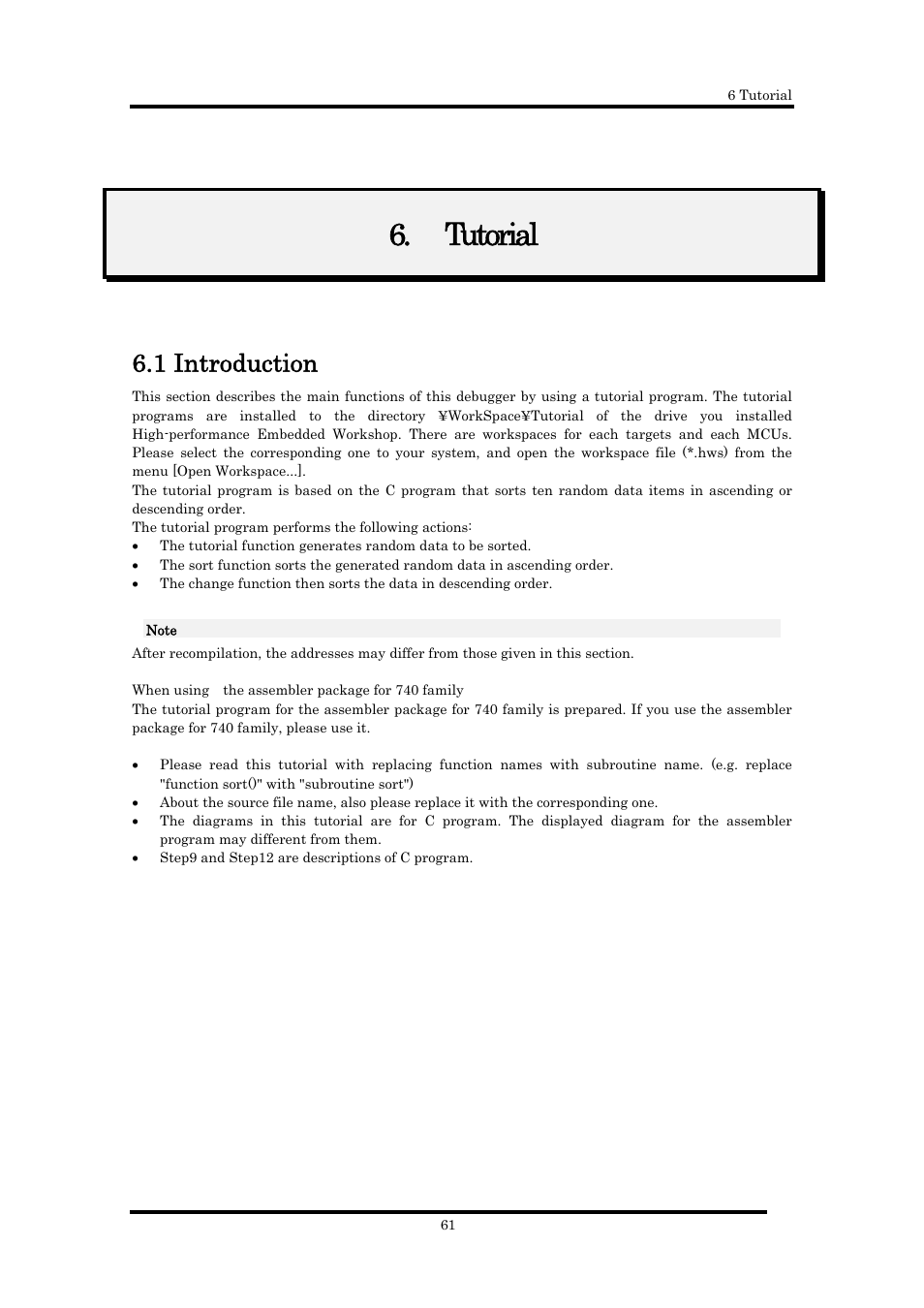 Tutorial, 1 introduction, Tutorial 61 | Renesas Emulator Debugger M16C PC4701 User Manual | Page 75 / 296