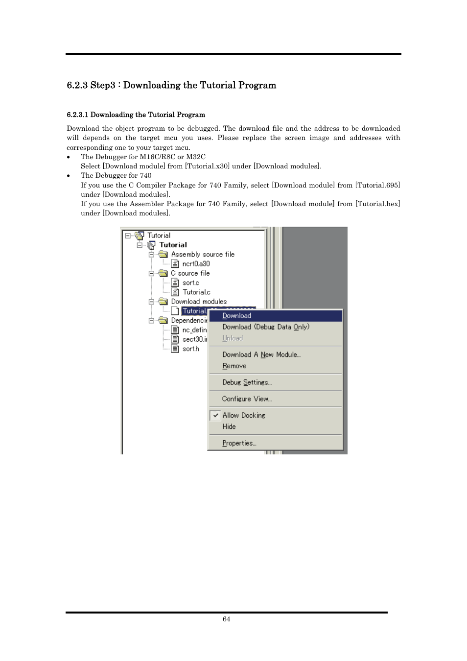 3 step3 : downloading the tutorial program, 1 downloading the tutorial program | Renesas Emulator Debugger M16C PC4701 User Manual | Page 78 / 296