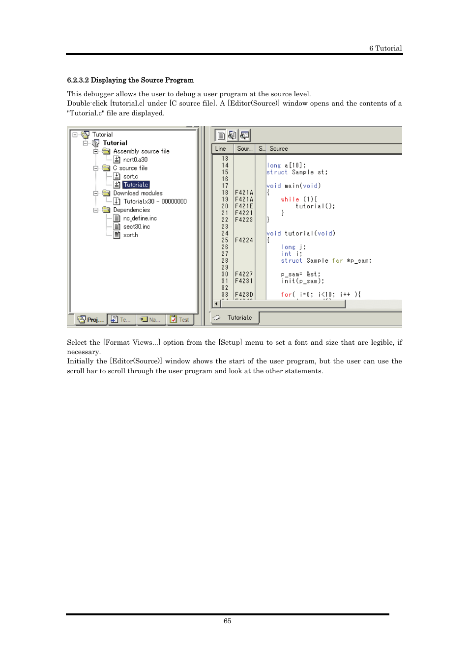 2 displaying the source program | Renesas Emulator Debugger M16C PC4701 User Manual | Page 79 / 296
