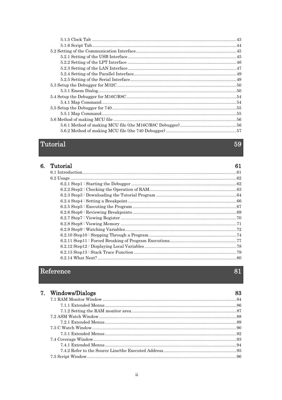 Tutorial 59, Reference 81, Tutorial 61 | Windows/dialogs 83 | Renesas Emulator Debugger M16C PC4701 User Manual | Page 8 / 296