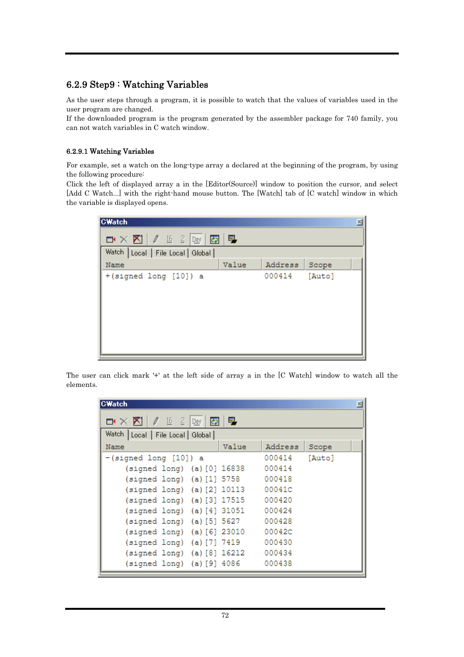 9 step9 : watching variables, 1 watching variables | Renesas Emulator Debugger M16C PC4701 User Manual | Page 86 / 296