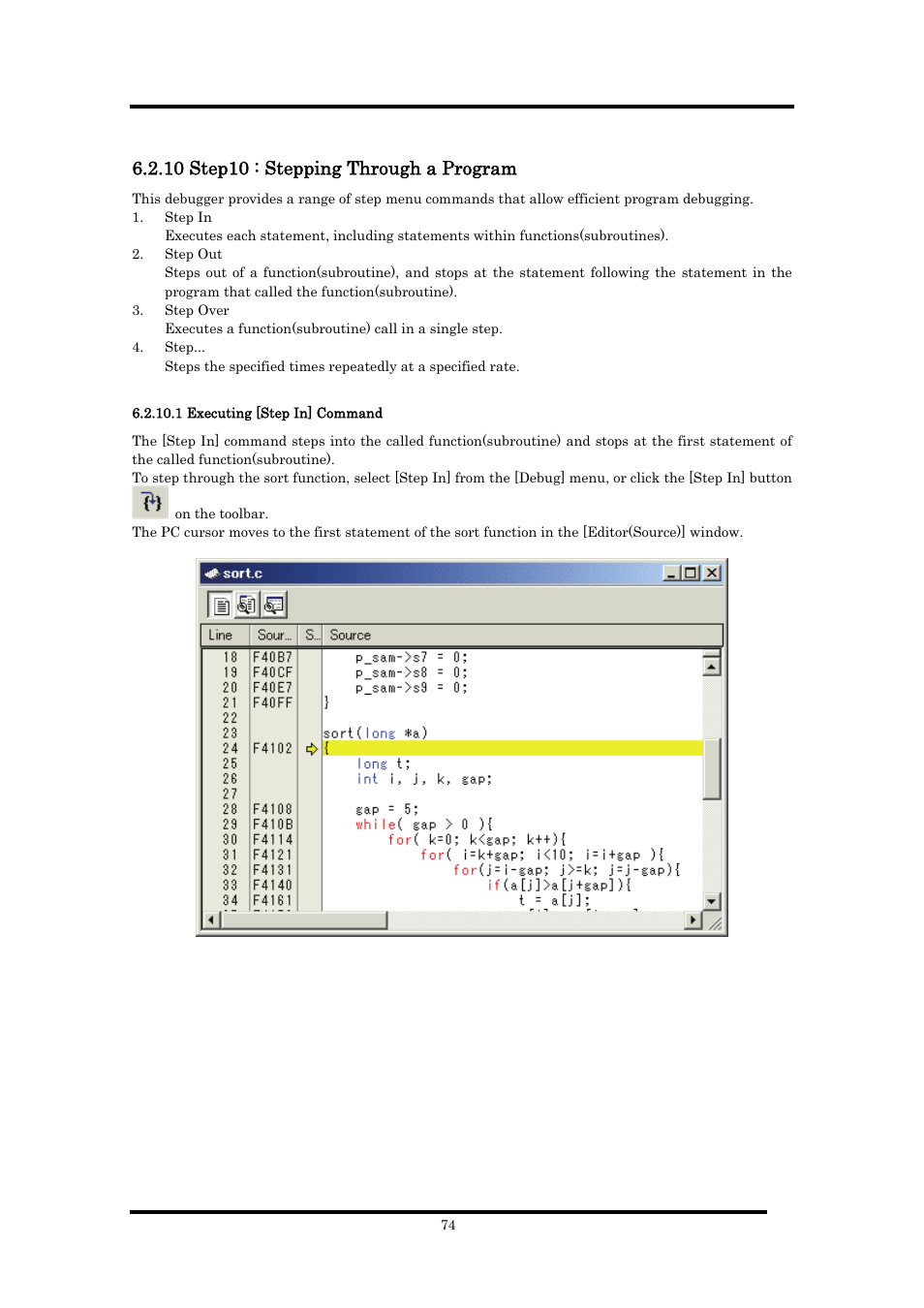 10 step10 : stepping through a program, 1 executing [step in] command | Renesas Emulator Debugger M16C PC4701 User Manual | Page 88 / 296