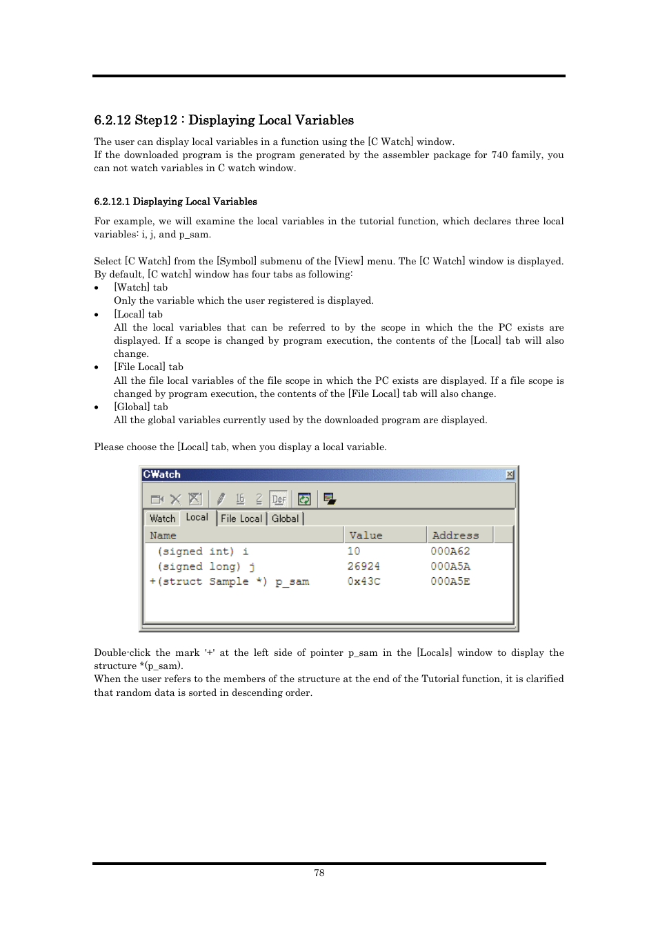 12 step12 : displaying local variables, 1 displaying local variables | Renesas Emulator Debugger M16C PC4701 User Manual | Page 92 / 296