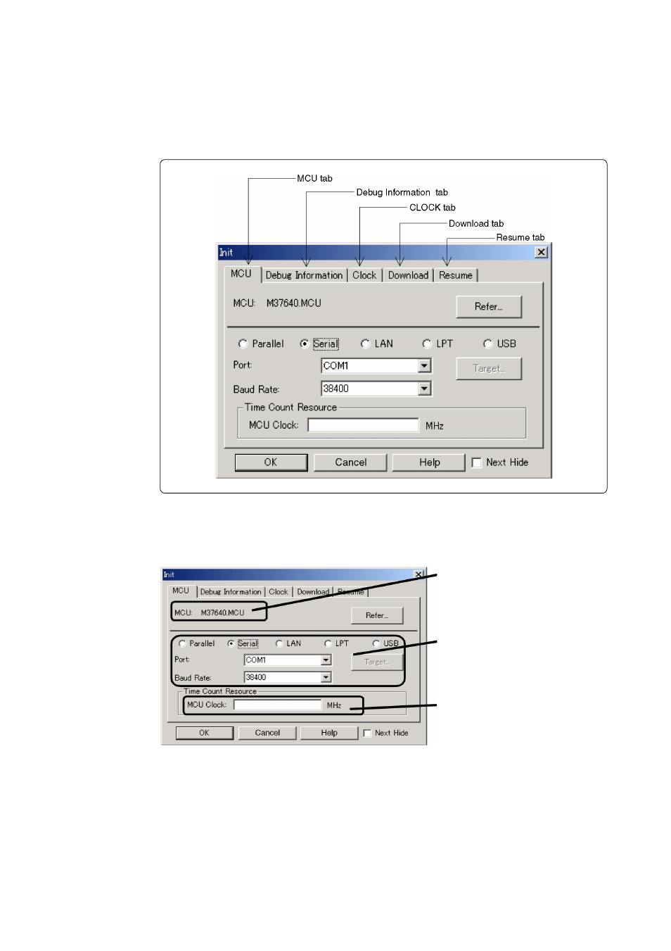 1) settings in the clock tab | Renesas Emulation Pod M37641T2-RPD-E User Manual | Page 43 / 70