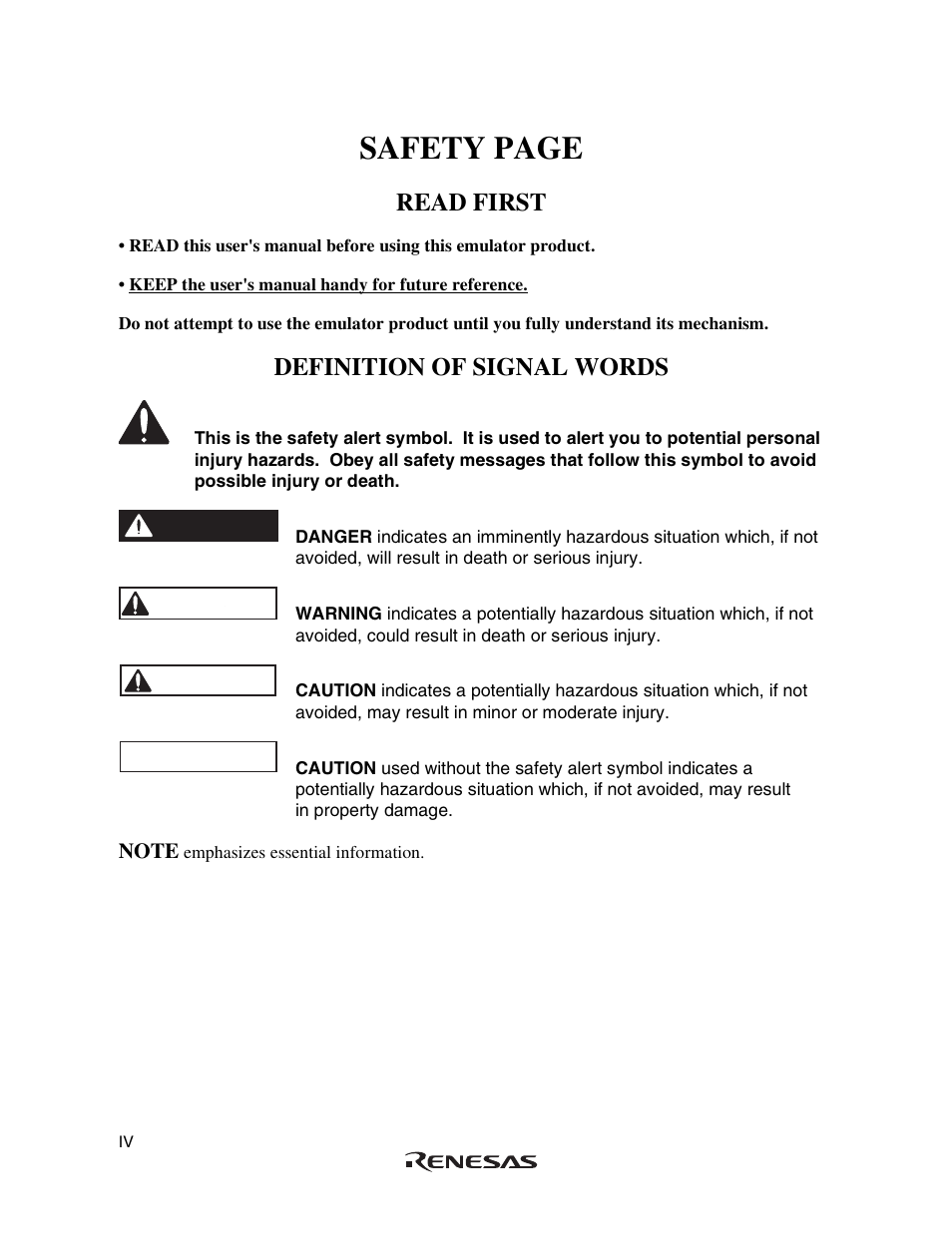 Safety page, Read first, Definition of signal words | Warning, Danger, Caution | Renesas User System Interface Cable HS36049ECH61H User Manual | Page 10 / 36