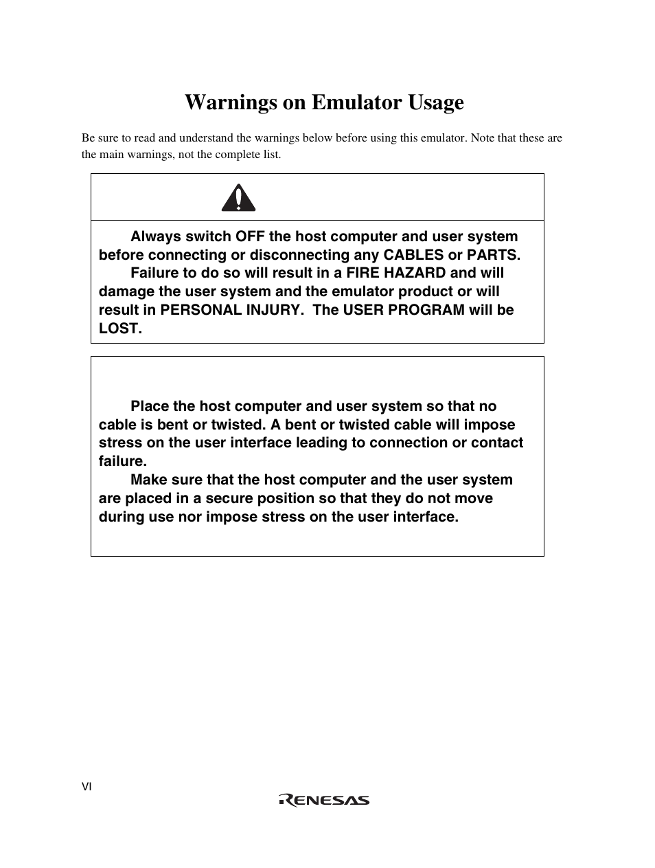 Warnings on emulator usage, Warning, Caution | Renesas User System Interface Cable HS36049ECH61H User Manual | Page 12 / 36