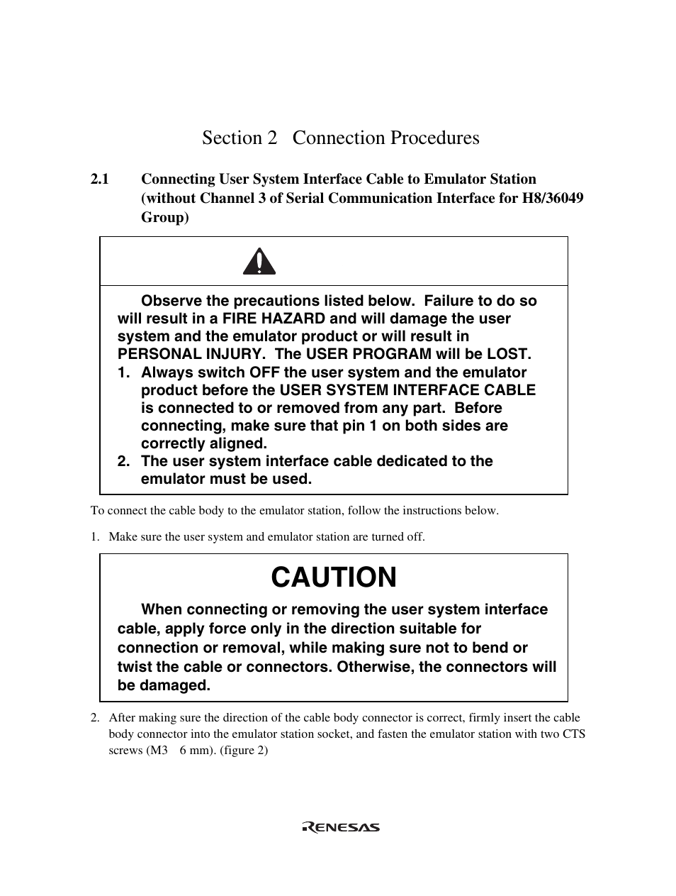 Section 2 connection procedures, Warning, Caution | Renesas User System Interface Cable HS36049ECH61H User Manual | Page 17 / 36