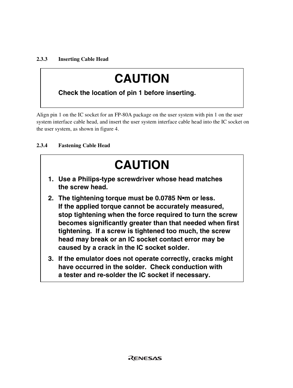 3 inserting cable head, 4 fastening cable head, Caution | Renesas User System Interface Cable HS36049ECH61H User Manual | Page 22 / 36