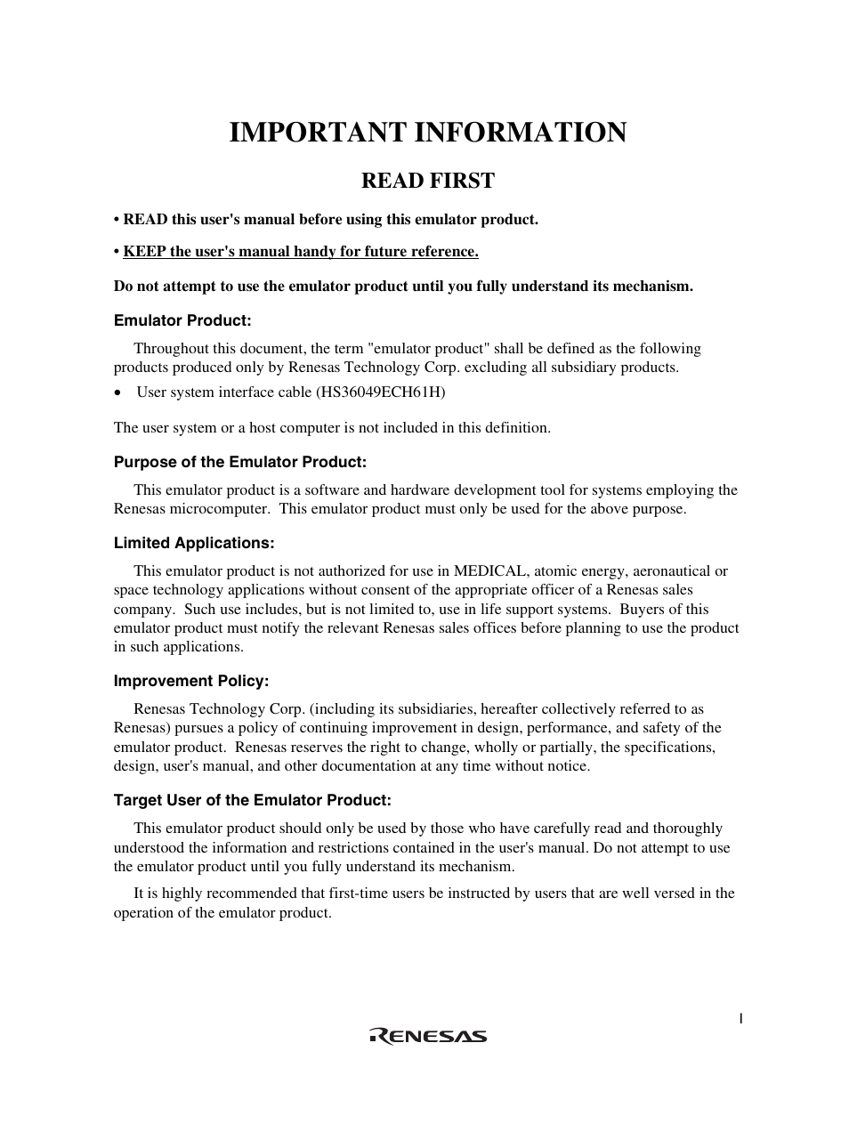 Important information, Read first | Renesas User System Interface Cable HS36049ECH61H User Manual | Page 7 / 36