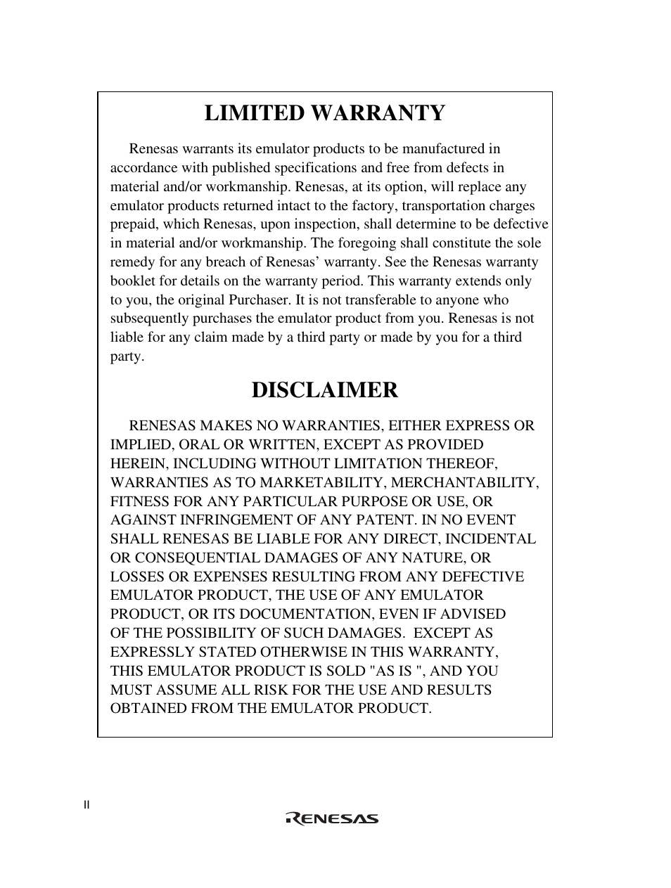Limited warranty, Disclaimer | Renesas User System Interface Cable HS36049ECH61H User Manual | Page 8 / 36