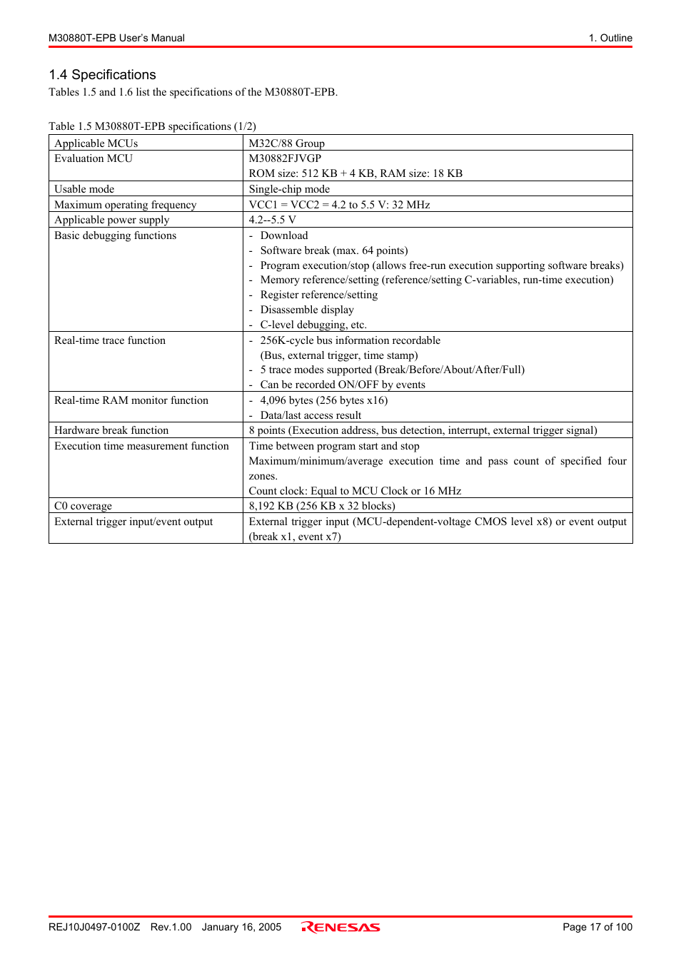 4 specifications | Renesas Emulation Probe for M32C/88 Group M30880T-EPB User Manual | Page 17 / 100