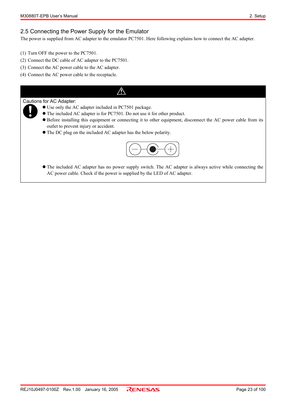 5 connecting the power supply for the emulator, Caution | Renesas Emulation Probe for M32C/88 Group M30880T-EPB User Manual | Page 23 / 100