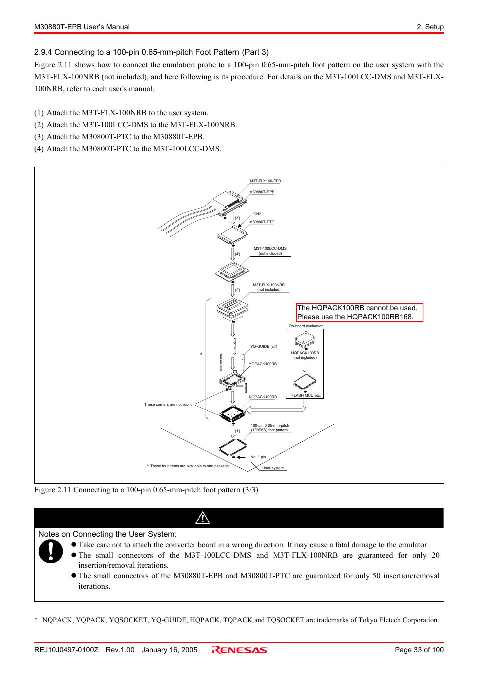 Caution | Renesas Emulation Probe for M32C/88 Group M30880T-EPB User Manual | Page 33 / 100