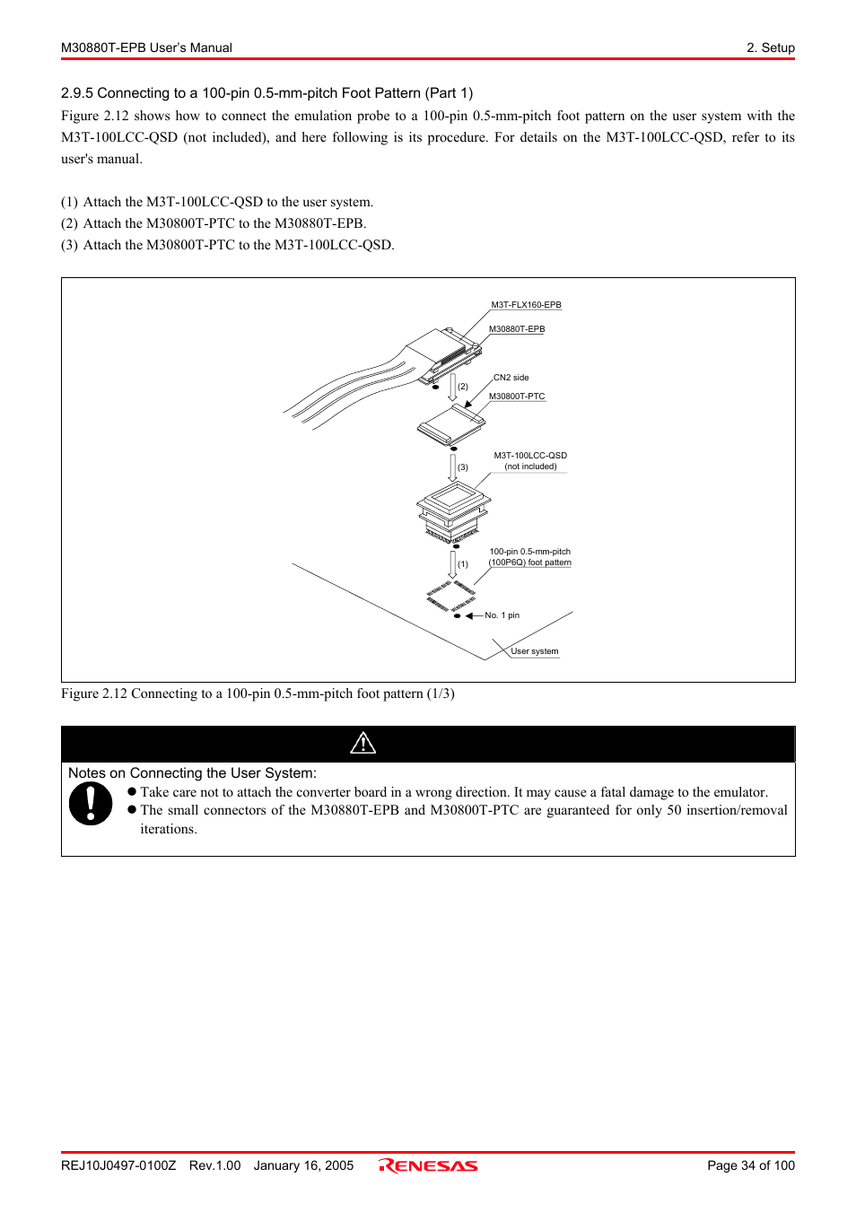 Caution | Renesas Emulation Probe for M32C/88 Group M30880T-EPB User Manual | Page 34 / 100