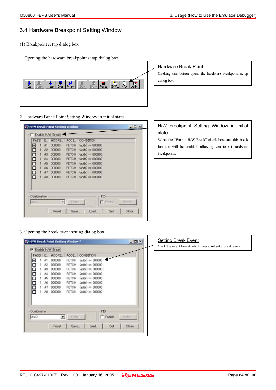 4 hardware breakpoint setting window | Renesas Emulation Probe for M32C/88 Group M30880T-EPB User Manual | Page 64 / 100