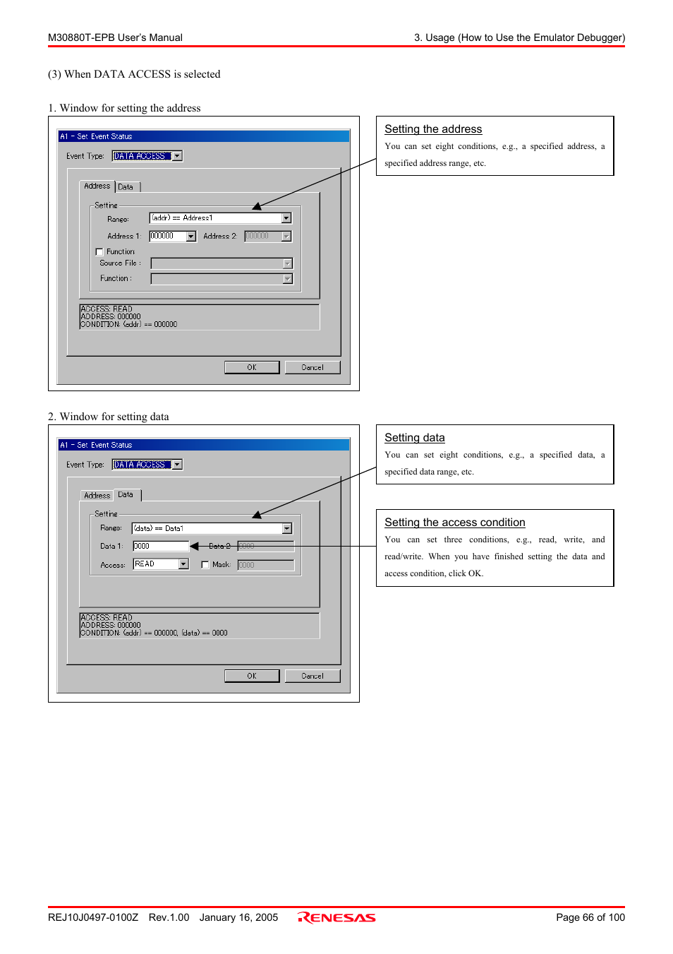 Renesas Emulation Probe for M32C/88 Group M30880T-EPB User Manual | Page 66 / 100