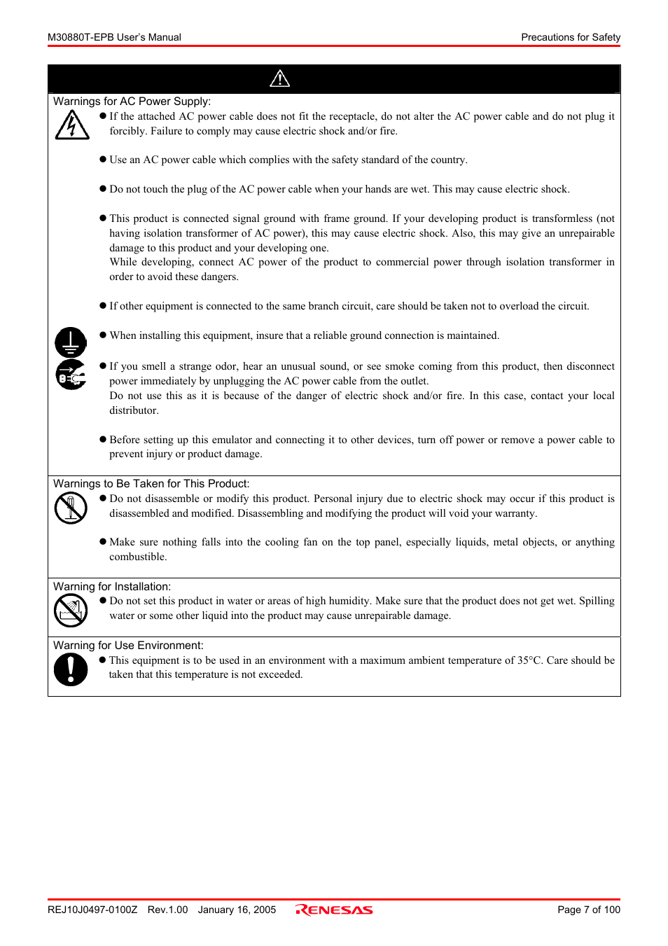 Warning | Renesas Emulation Probe for M32C/88 Group M30880T-EPB User Manual | Page 7 / 100