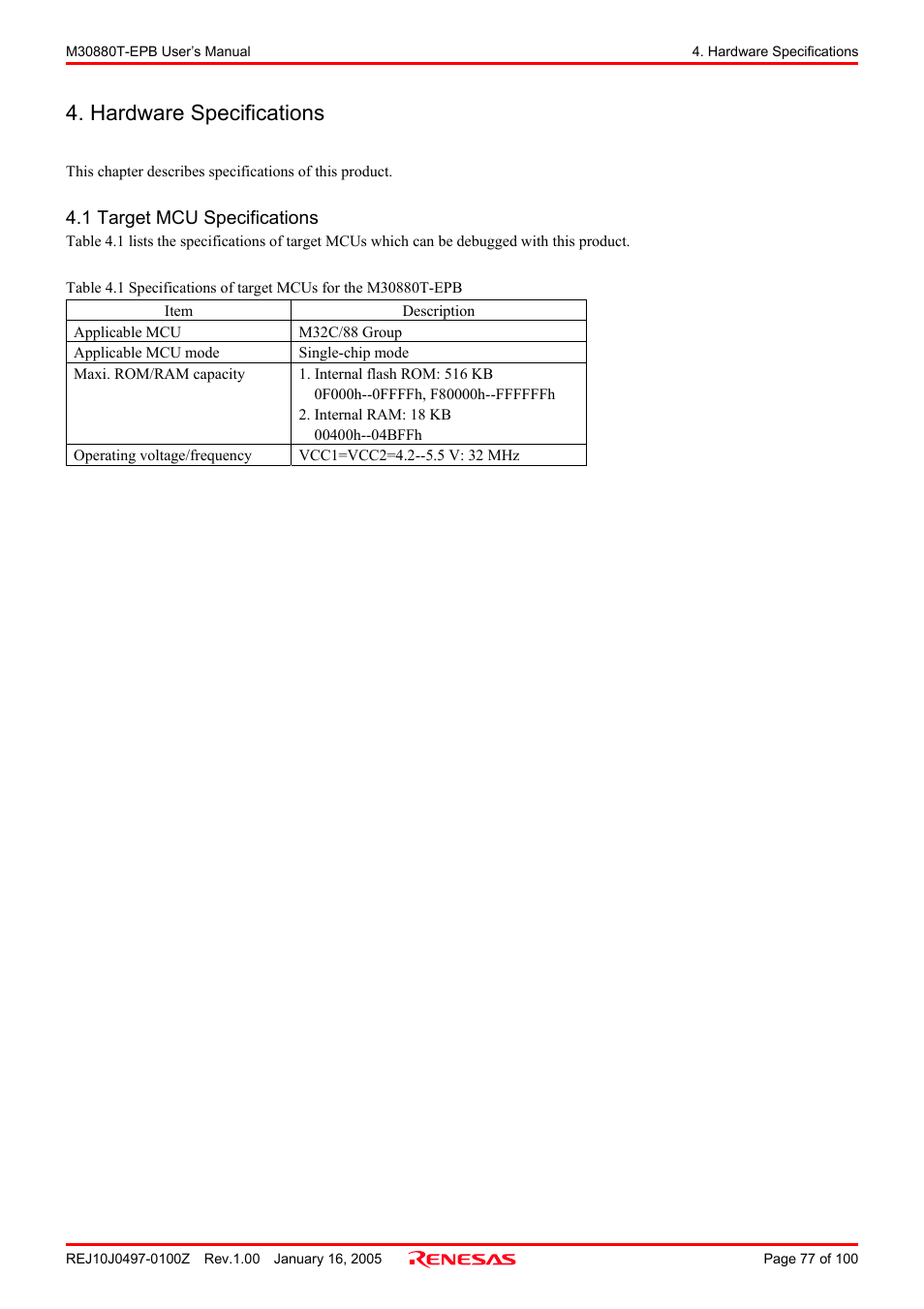 Hardware specifications, 1 target mcu specifications | Renesas Emulation Probe for M32C/88 Group M30880T-EPB User Manual | Page 77 / 100