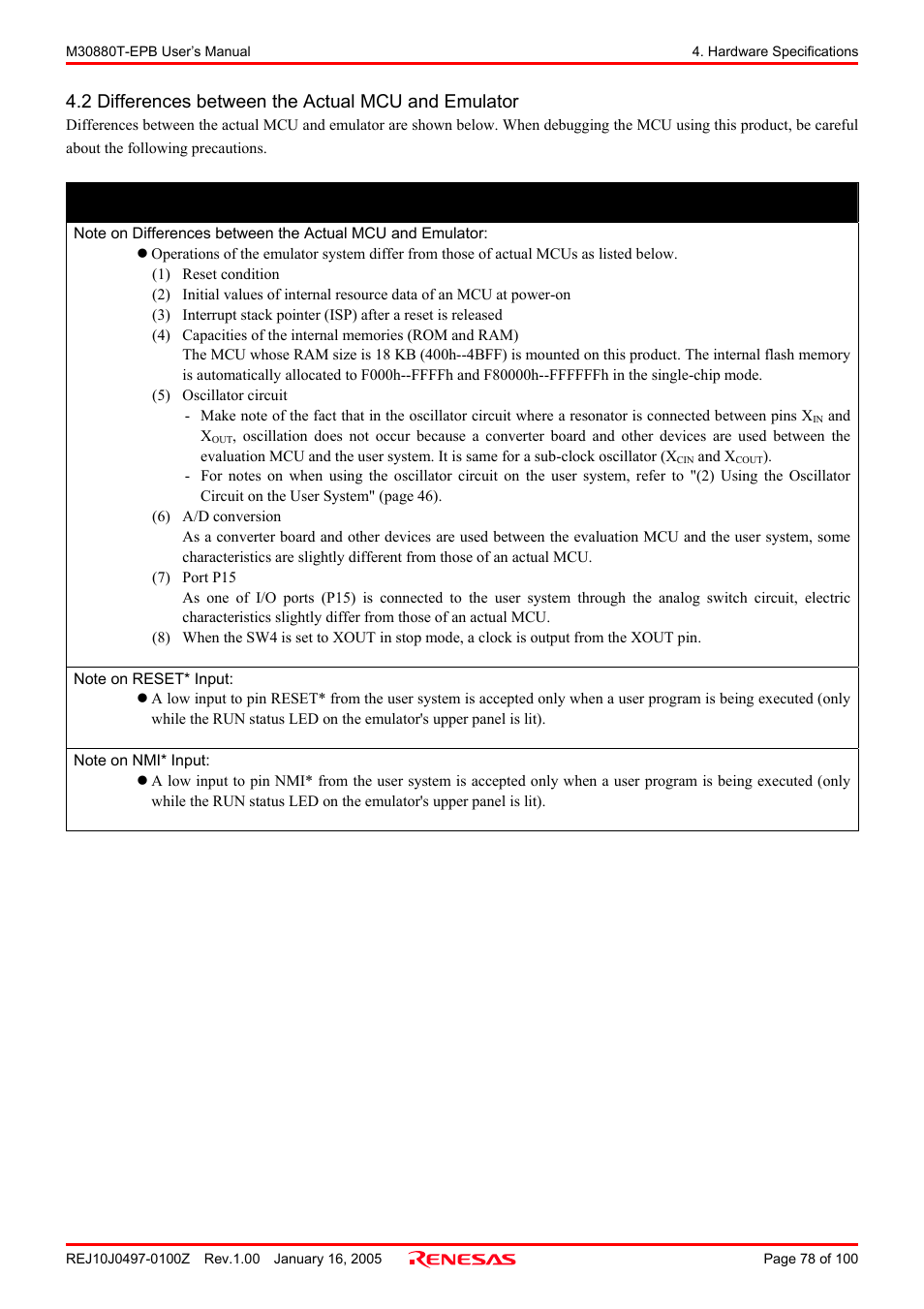 2 differences between the actual mcu and emulator, Important | Renesas Emulation Probe for M32C/88 Group M30880T-EPB User Manual | Page 78 / 100