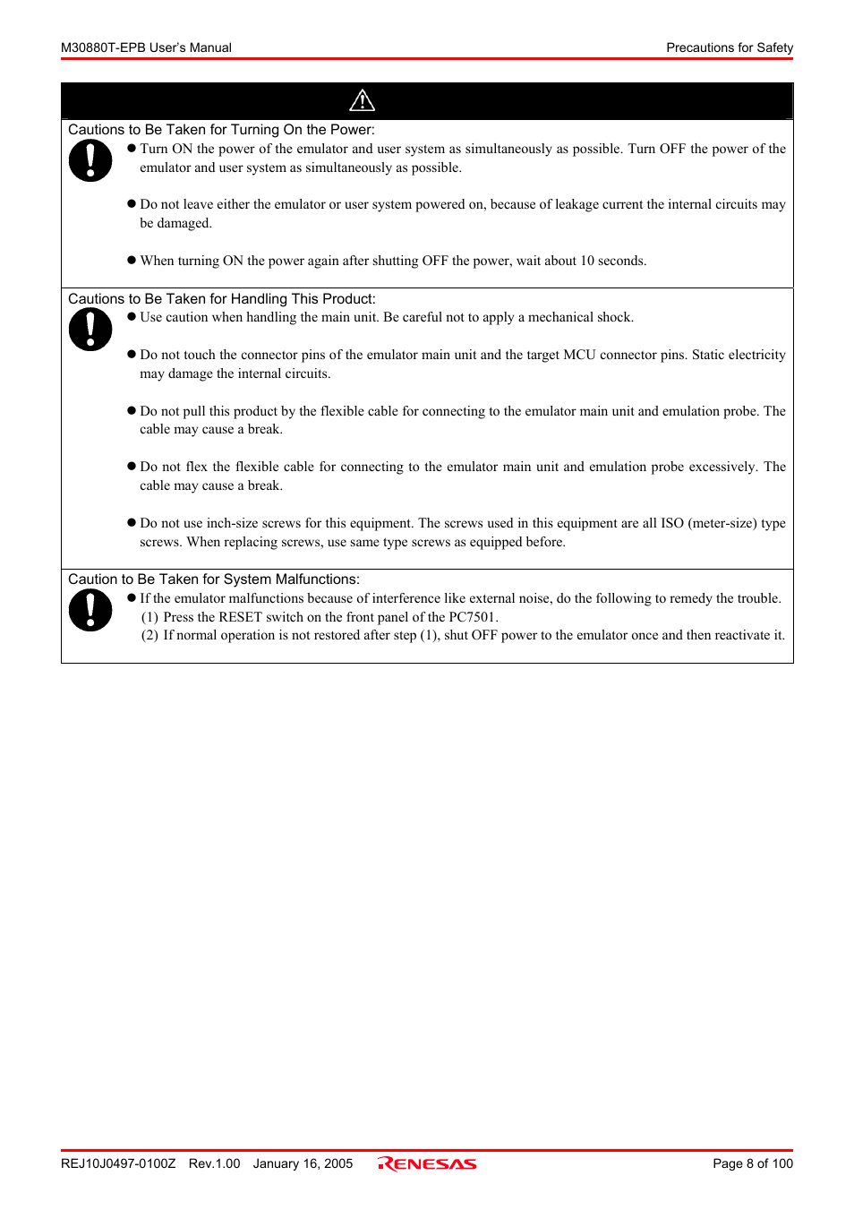 Caution | Renesas Emulation Probe for M32C/88 Group M30880T-EPB User Manual | Page 8 / 100
