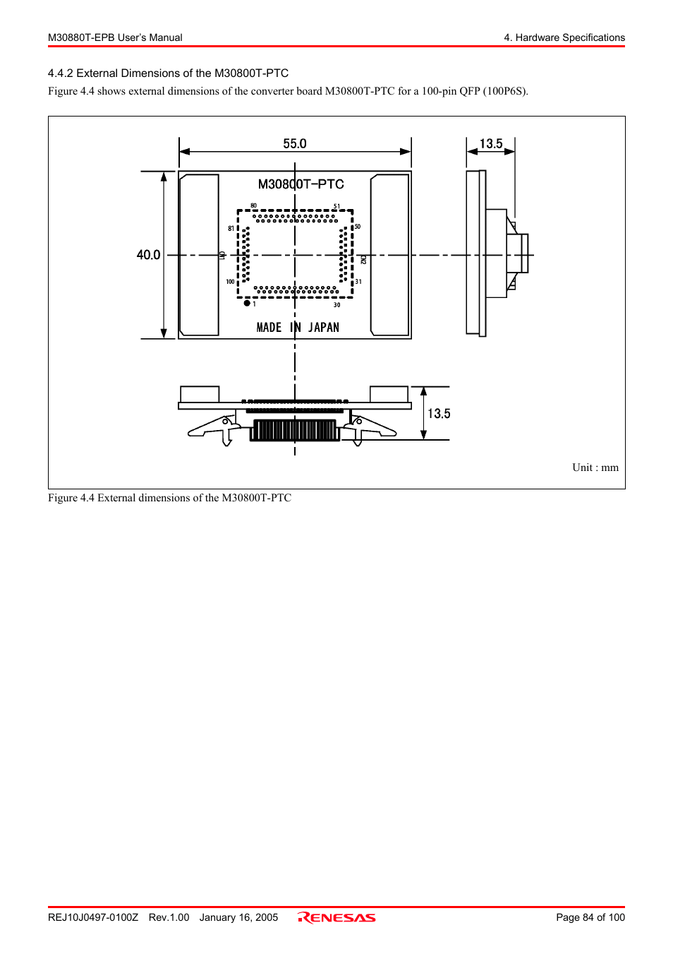4 external dimensions of the m30800t-ptc | Renesas Emulation Probe for M32C/88 Group M30880T-EPB User Manual | Page 84 / 100