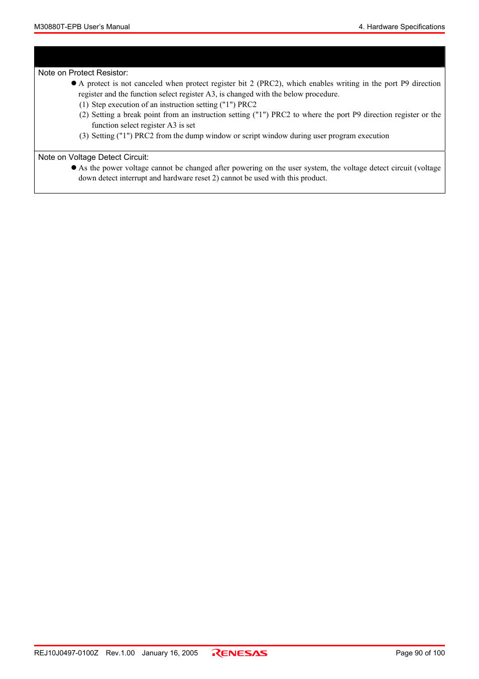 Important | Renesas Emulation Probe for M32C/88 Group M30880T-EPB User Manual | Page 90 / 100