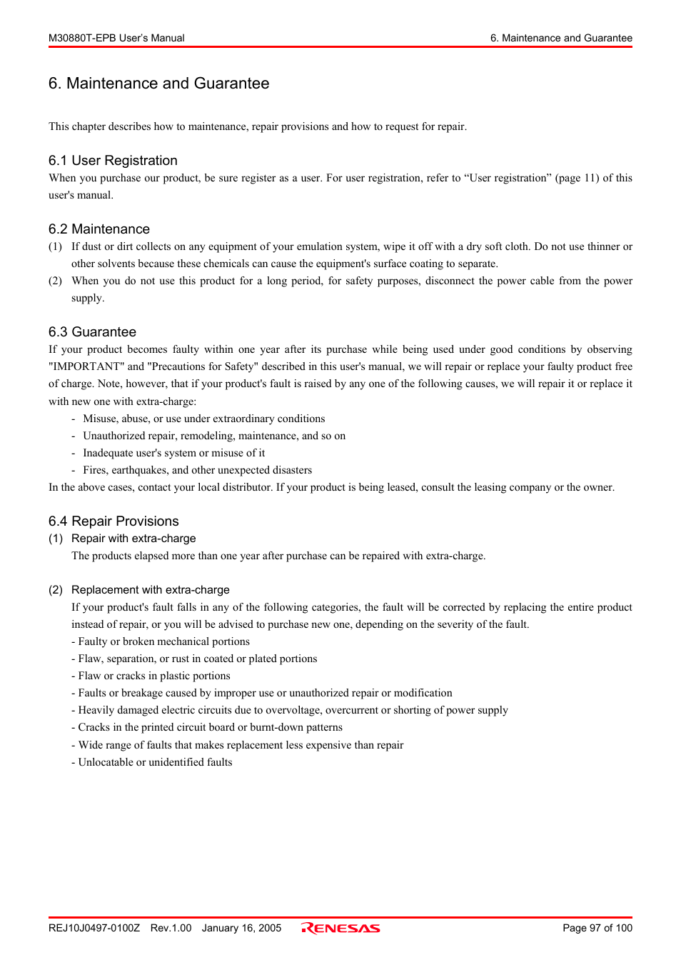 Maintenance and guarantee, 1 user registration, 2 maintenance | 3 guarantee, 4 repair provisions | Renesas Emulation Probe for M32C/88 Group M30880T-EPB User Manual | Page 97 / 100