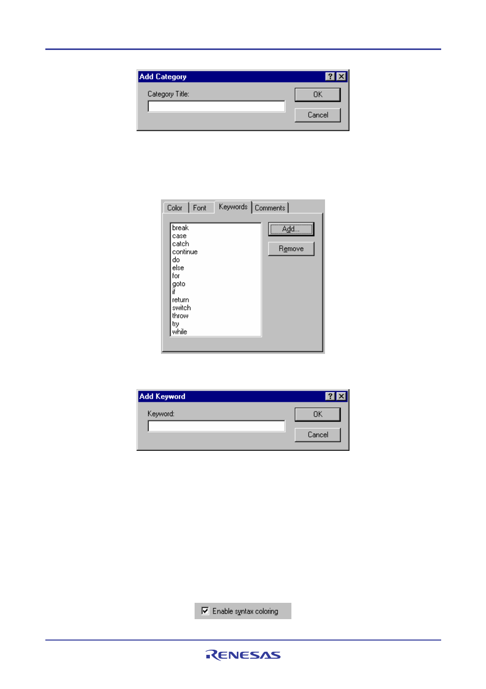 3 enabling/disabling syntax coloring | Renesas REJ10J1837-0100 User Manual | Page 116 / 439