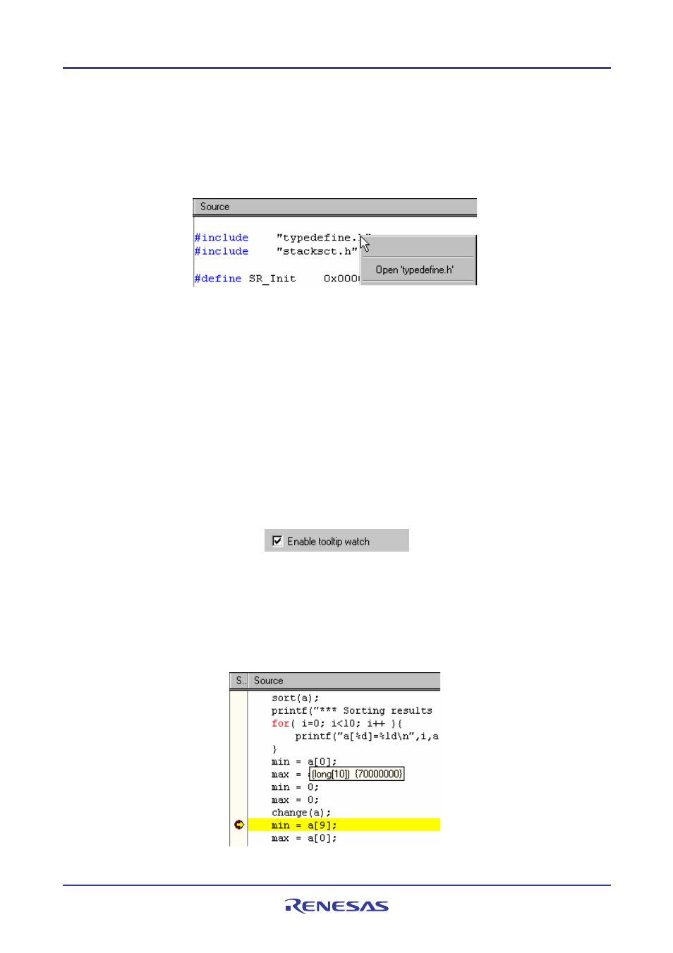 17 opening a file within the editor, 18 tooltip watch | Renesas REJ10J1837-0100 User Manual | Page 122 / 439