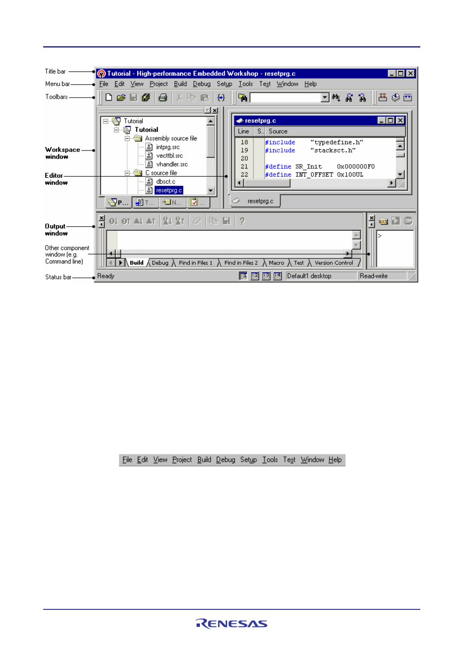 1 title bar, 2 menu bar | Renesas REJ10J1837-0100 User Manual | Page 17 / 439